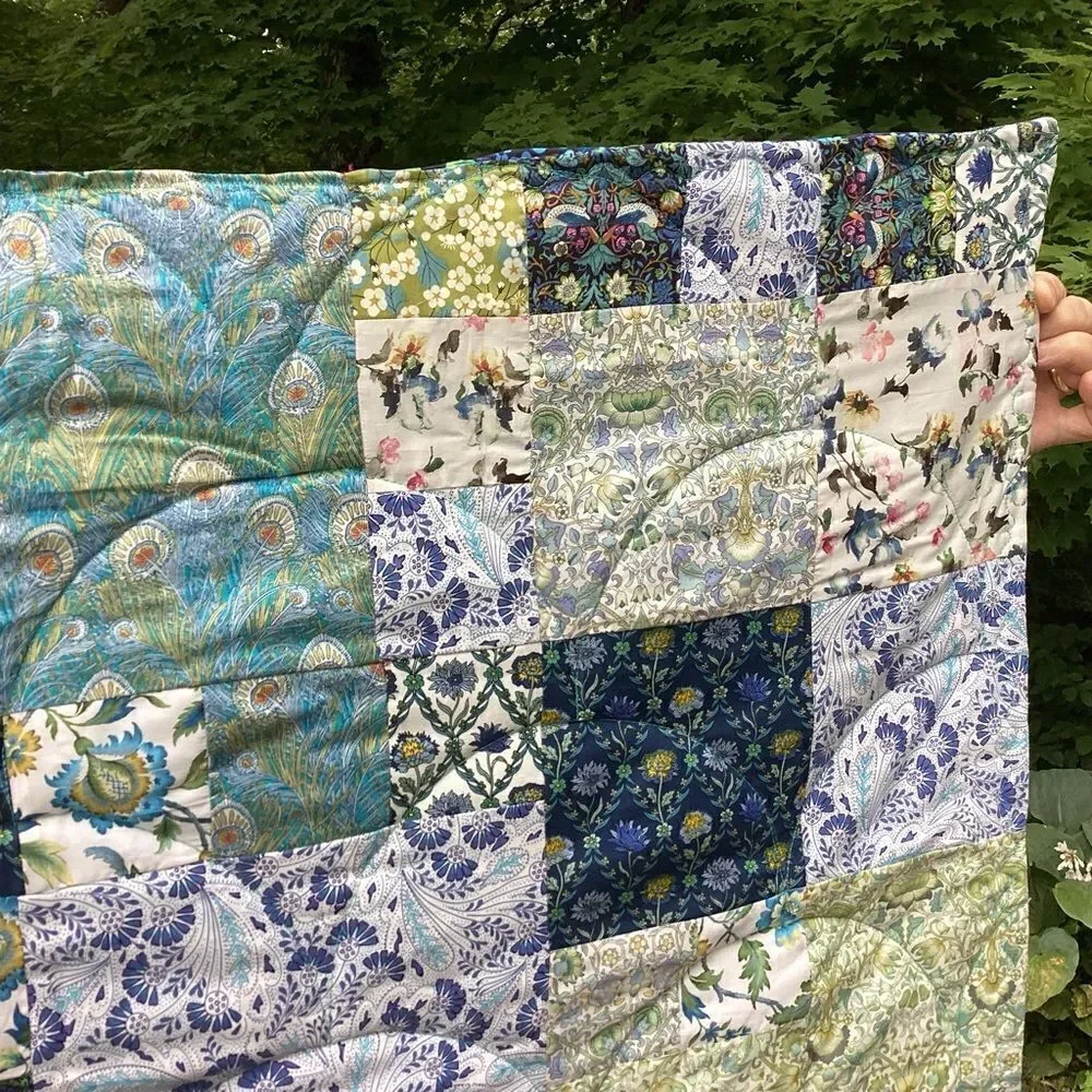 NWT. Hand Crafted Blues and Greens Gardens Quilt with Liberty Lawn Fabrics